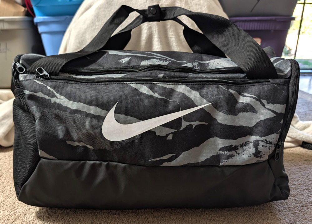 Nike Duffle Bag Gray Black 20” Length Shoulder Strap Gym Travel camo euc